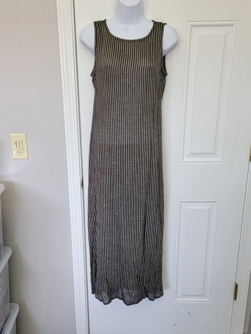 Eileen Fisher Sleeveless Maxi Dress Crinkly Pinstripe Ties In Back Petite Small